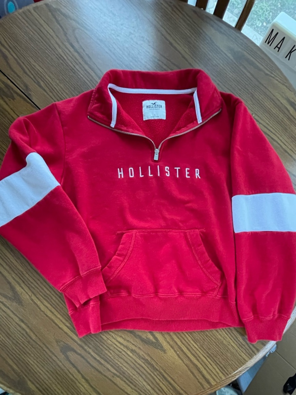 Hollister Red Half-Zip Sweatshirt with White Sleeve Stripes